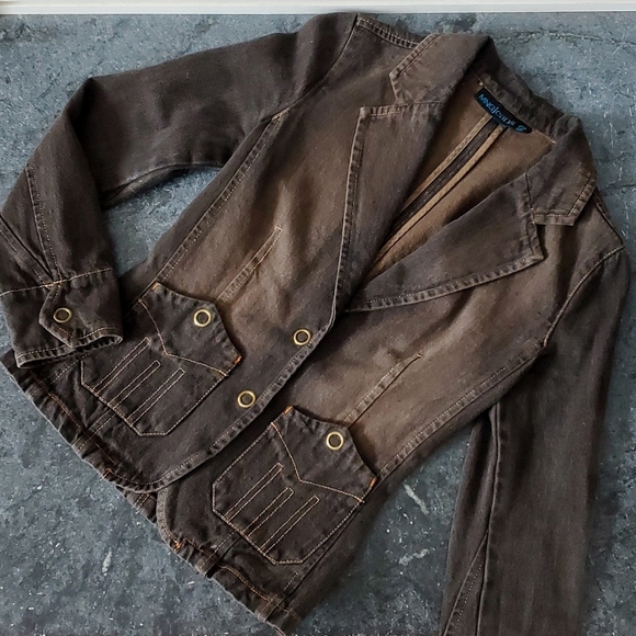 Mango Jeans Denim Blazer, Black Brown Tan Jean Jacket, XXS S EUC, Brass Snaps - Picture 2 of 10